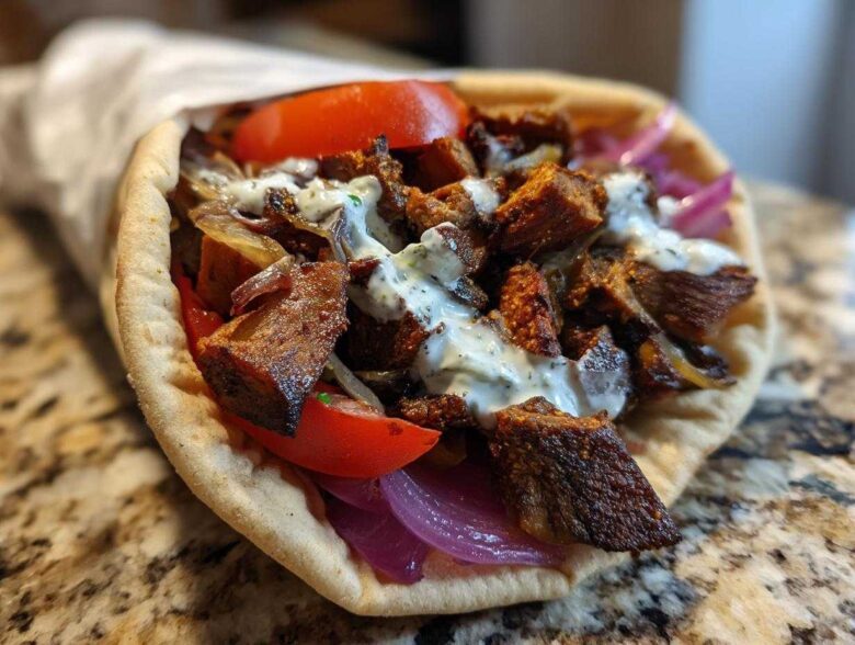 Close-up of a Vegan Mushroom Shawarma wrap filled with seasoned mushrooms, red onion, tomato, and white sauce.