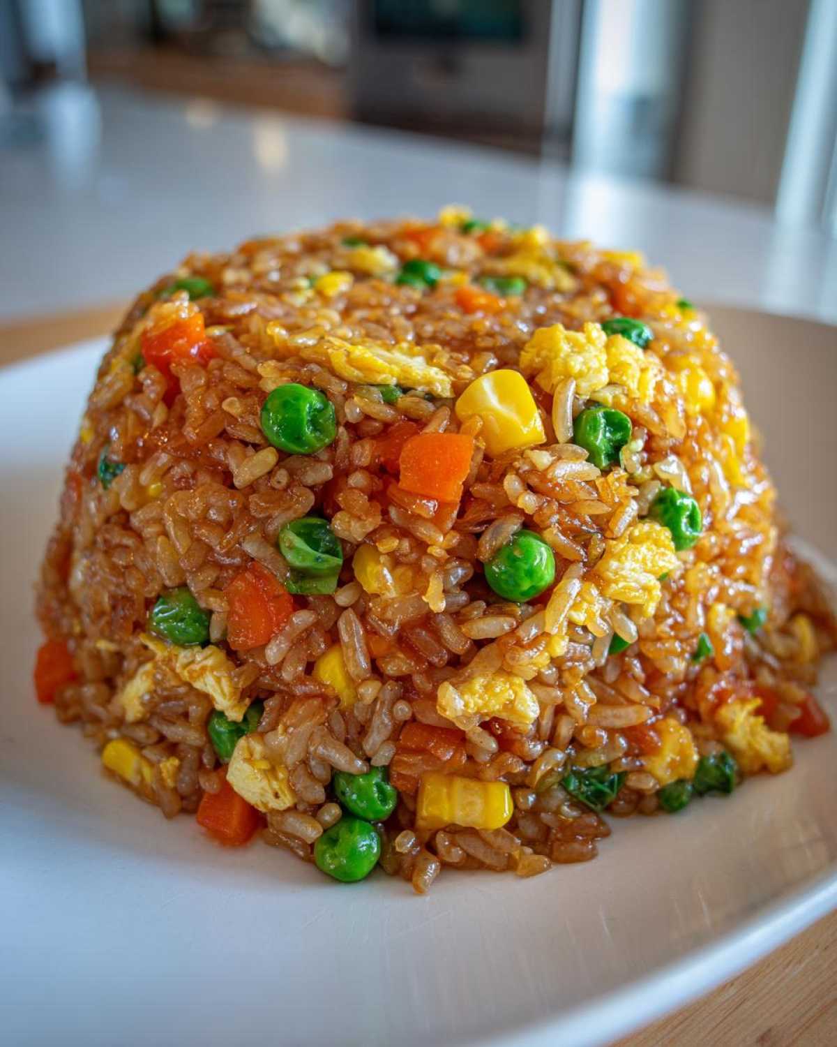 A perfectly molded serving of Vegetable Fried Rice with Sesame Ginger Sauce, featuring peas, carrots, corn, and scrambled egg.