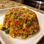 A perfectly molded mound of Vegetable Fried Rice with Sesame Ginger Sauce, topped with sesame seeds.