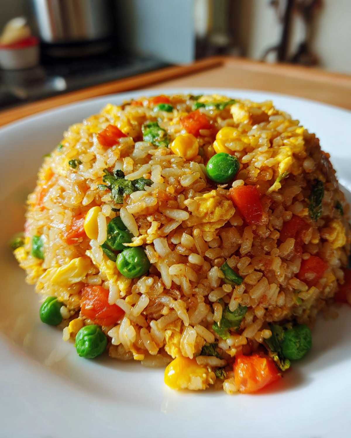 A perfectly molded serving of Vegetable Fried Rice with Sesame Ginger Sauce, featuring rice, peas, carrots, corn, and scrambled egg.