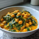 Close-up of a white bowl filled with rich, creamy Vegetarian Chickpea Curry with Coconut Milk and wilted spinach.