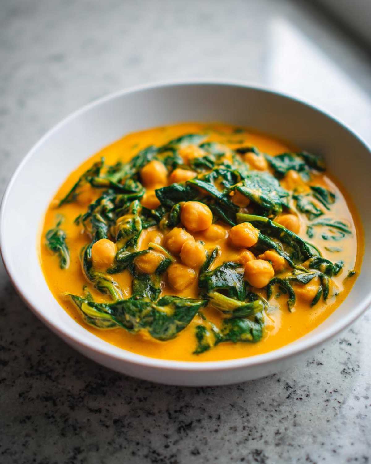 Close-up of a white bowl filled with Vegetarian Chickpea Curry with Coconut Milk, featuring chickpeas and spinach in a rich orange sauce.