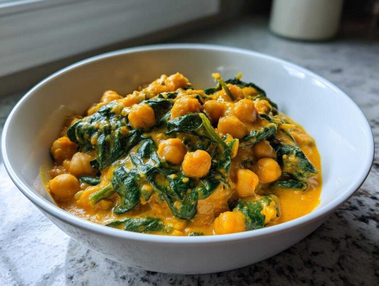 Close-up of a white bowl filled with rich, creamy Vegetarian Chickpea Curry with Coconut Milk and wilted spinach.