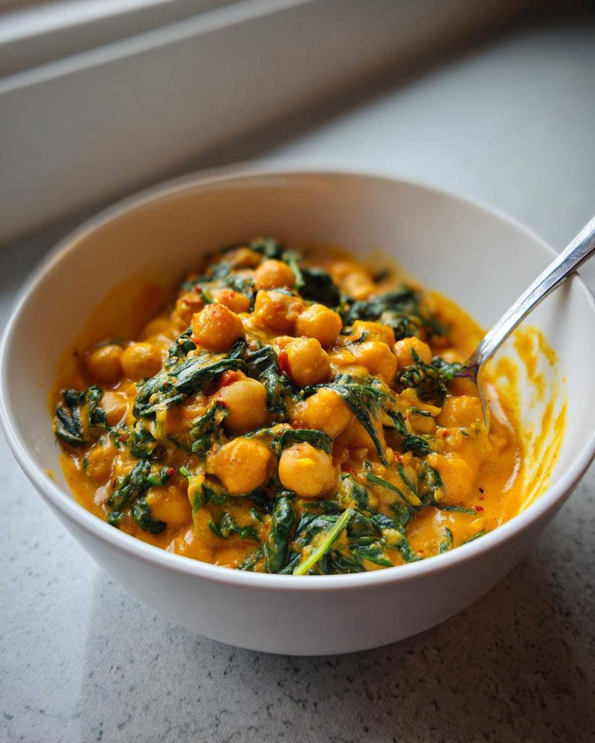 A close-up of a white bowl filled with rich, creamy Vegetarian Chickpea Curry with spinach, ready to eat.
