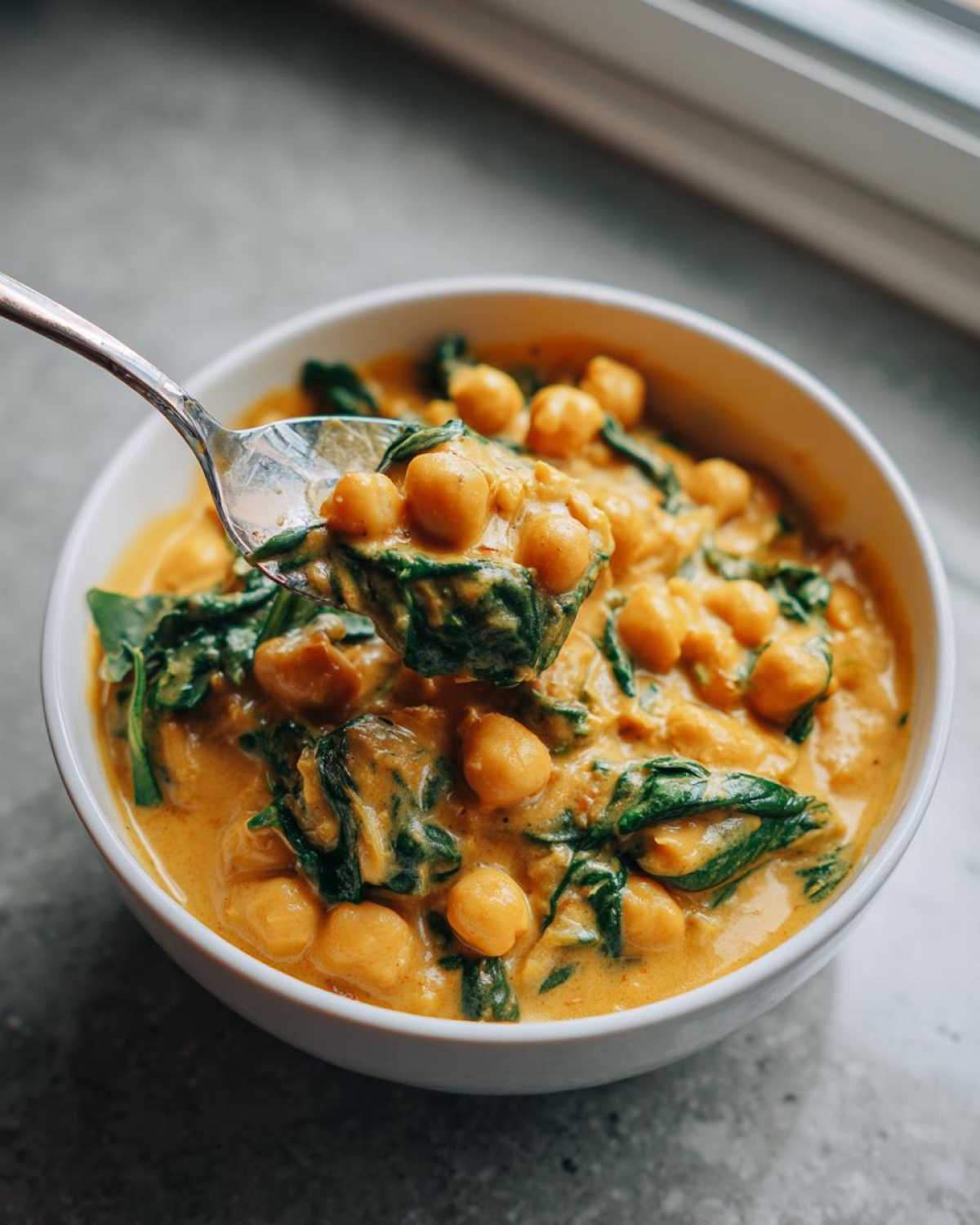 A spoonful of creamy Vegetarian Chickpea Curry with coconut milk being lifted from a white bowl containing spinach.