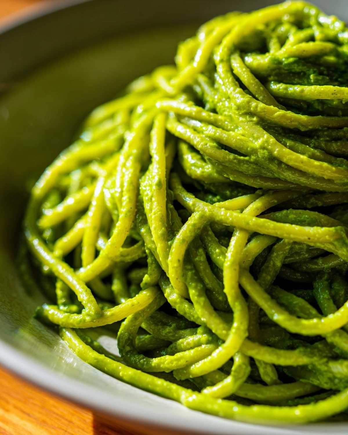 Close-up shot of long strands of pasta coated thickly in vibrant green Creamy Avocado Pasta sauce.