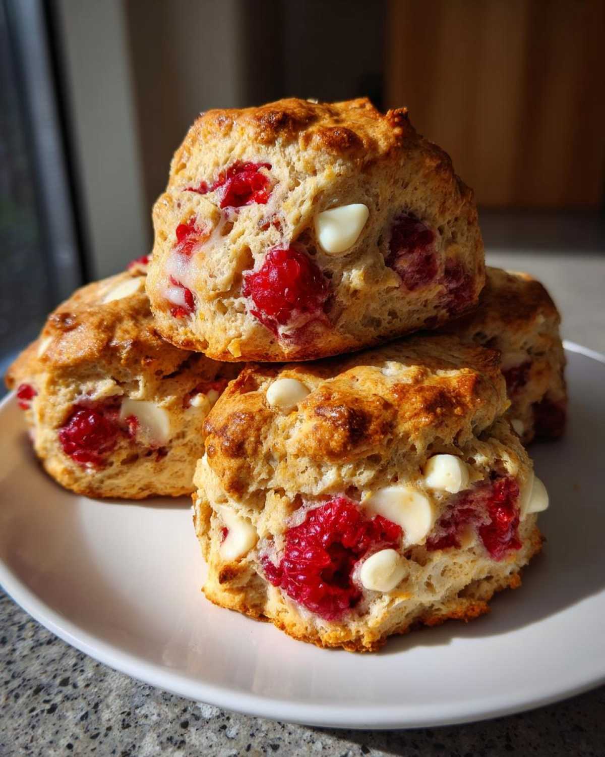 A stack of four golden brown White Chocolate Raspberry Scones filled with bright red raspberries and white chocolate chips.