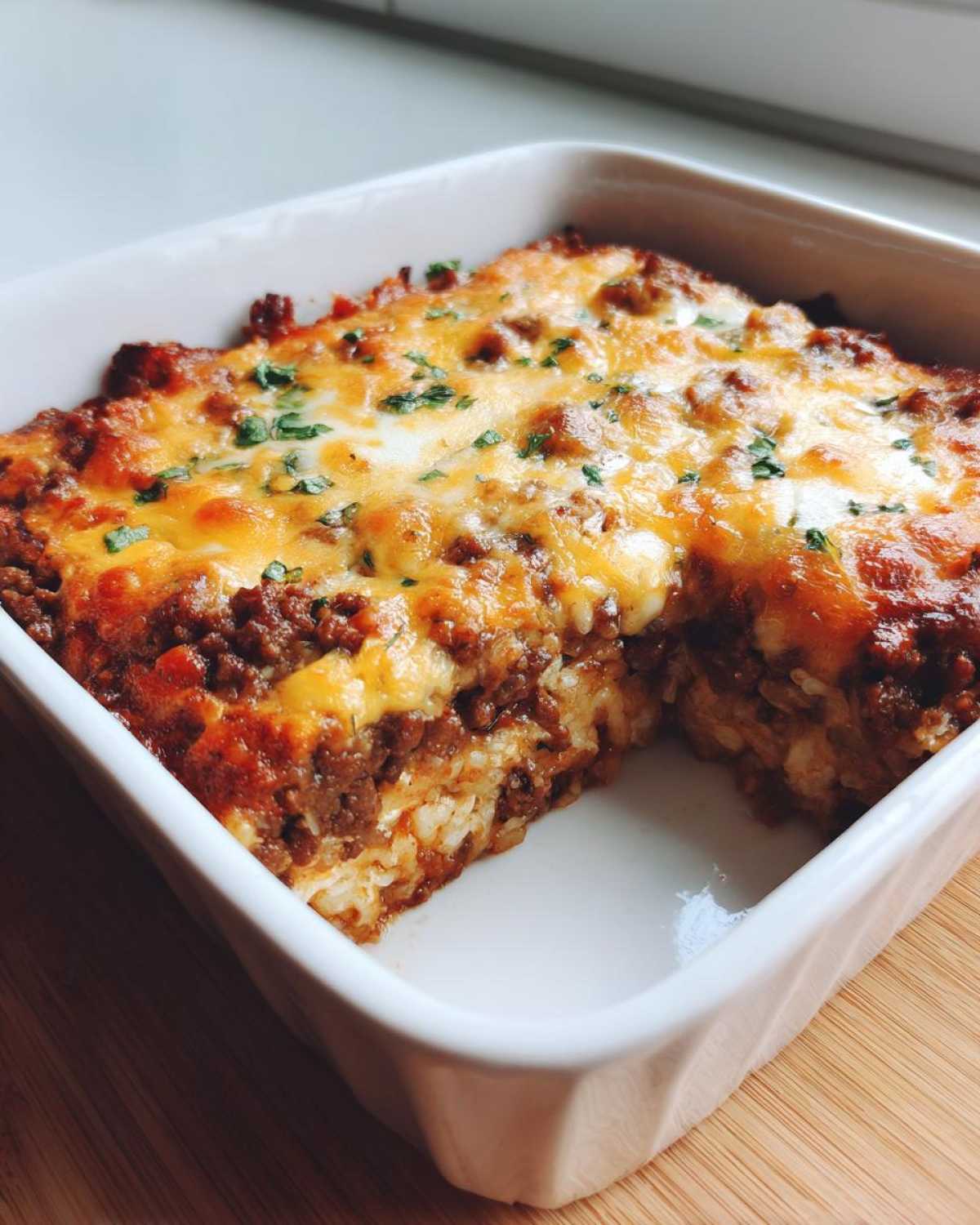 A square portion of Cheesy Beef and Rice Casserole Comfort Dish, baked with a melted cheese topping and fresh parsley.