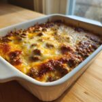 A close-up of a baked Cheesy Beef and Rice Casserole with a golden, bubbly cheese topping in a white baking dish.