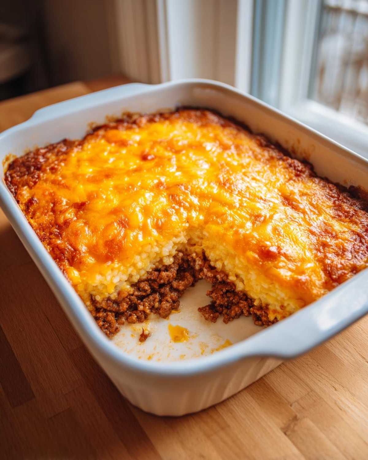 A baked Cheesy Beef and Rice Casserole Comfort Dish in a white baking dish, showing a scoop removed to reveal layers of seasoned ground beef and cheesy rice.