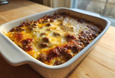 A close-up of a baked Cheesy Beef and Rice Casserole with a golden, bubbly cheese topping in a white baking dish.