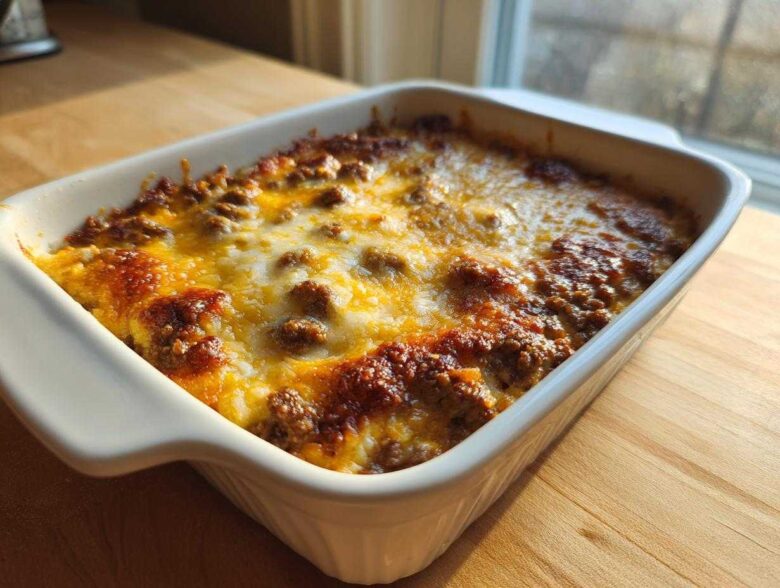 A close-up of a baked Cheesy Beef and Rice Casserole with a golden, bubbly cheese topping in a white baking dish.