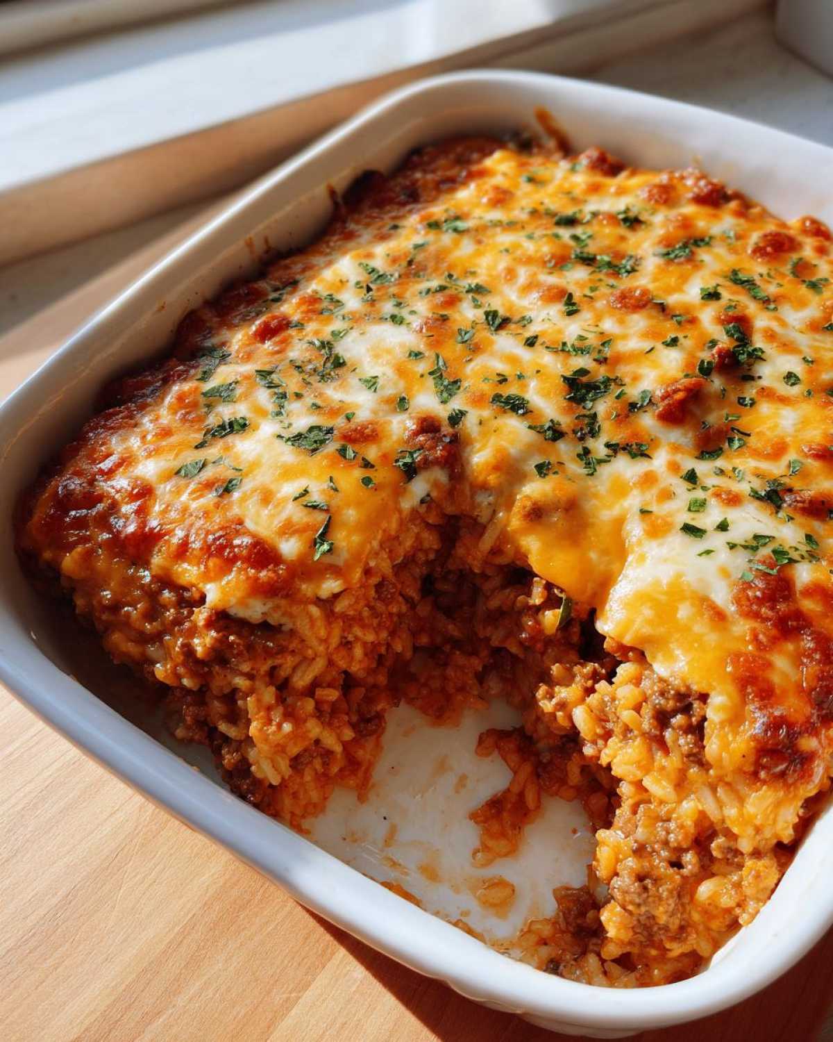 A serving spoon has scooped out a portion of the Cheesy Beef and Rice Casserole Comfort Dish, showing melted cheese topping.