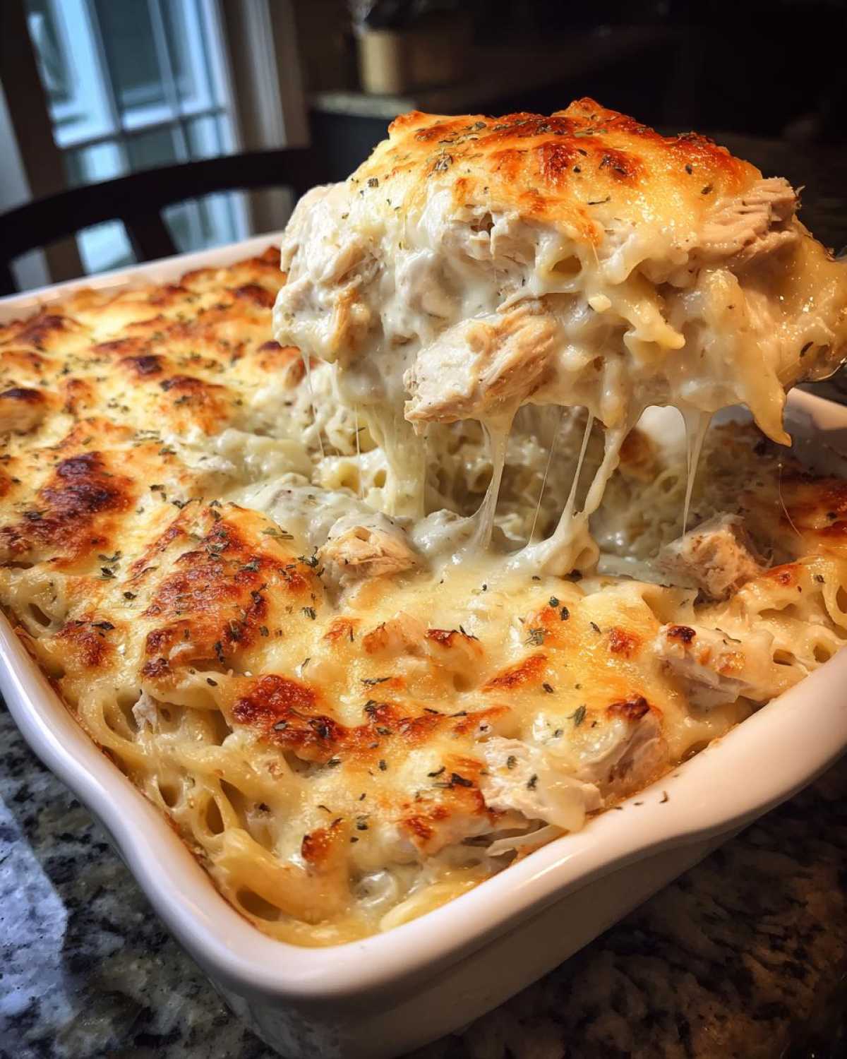 A serving spoon lifts a portion of Cheesy Chicken Alfredo Bake, showing long, gooey cheese pulls from the creamy sauce.