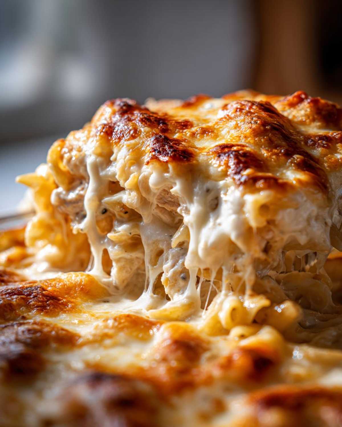 Close-up of a serving of Cheesy Chicken Alfredo Bake showing extremely gooey, melted cheese stretching from the portion.