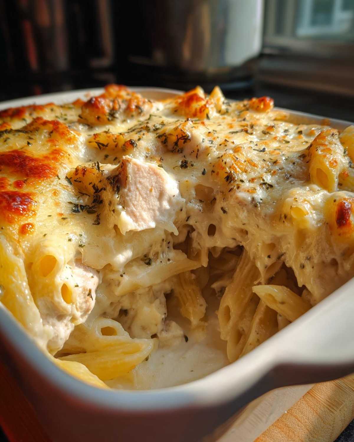 A close-up view into a white baking dish showing a serving of Cheesy Chicken Alfredo Bake with penne pasta, chunks of chicken, and a bubbly, golden-brown cheesy top.