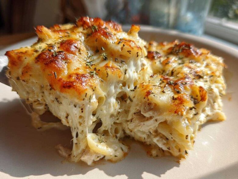 A serving of Cheesy Chicken Alfredo Bake with Mozzarella showing a dramatic cheese pull and golden-brown top.