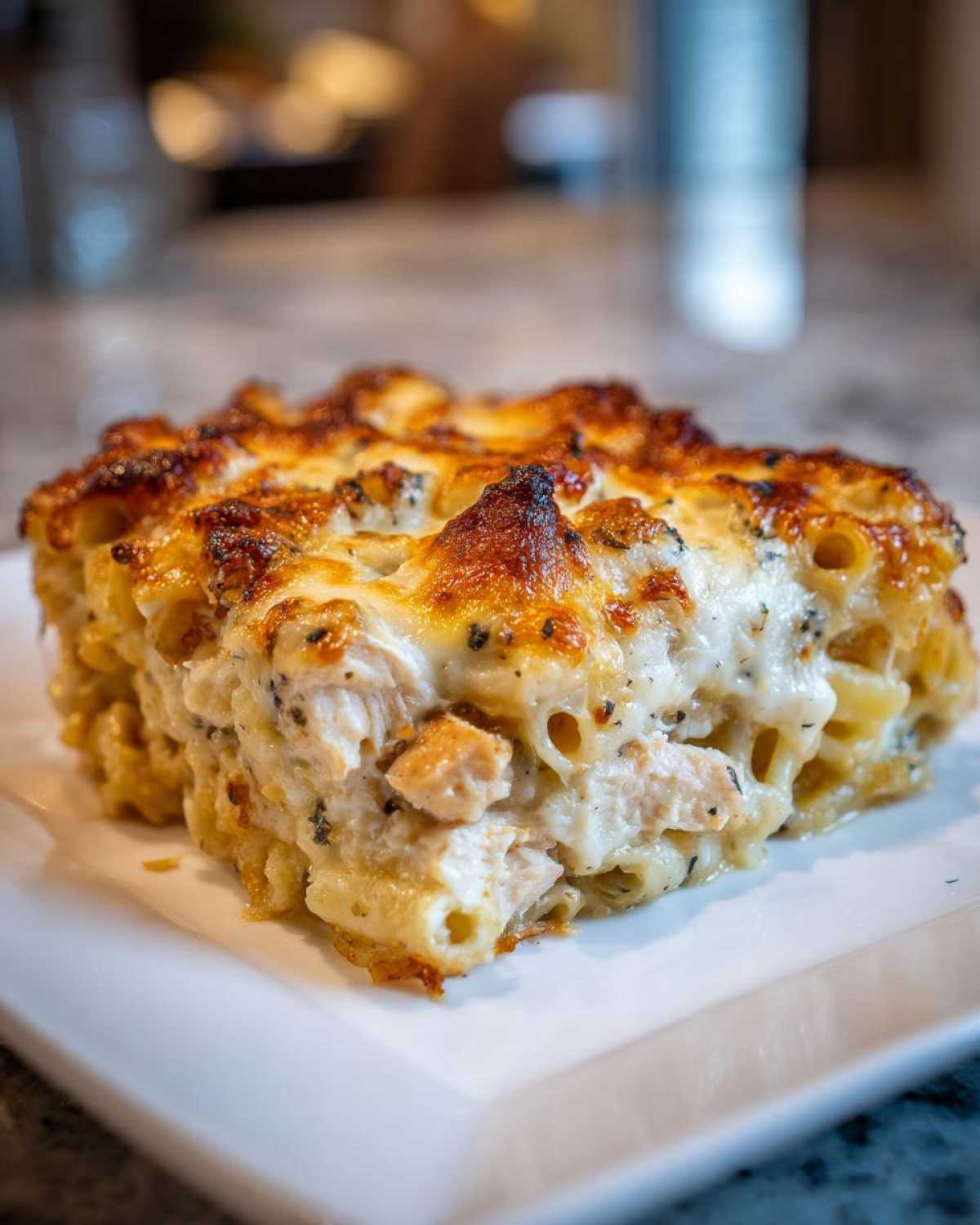 A close-up of a square serving of Cheesy Chicken Alfredo Bake with Mozzarella, featuring a golden-brown, bubbly cheese crust.