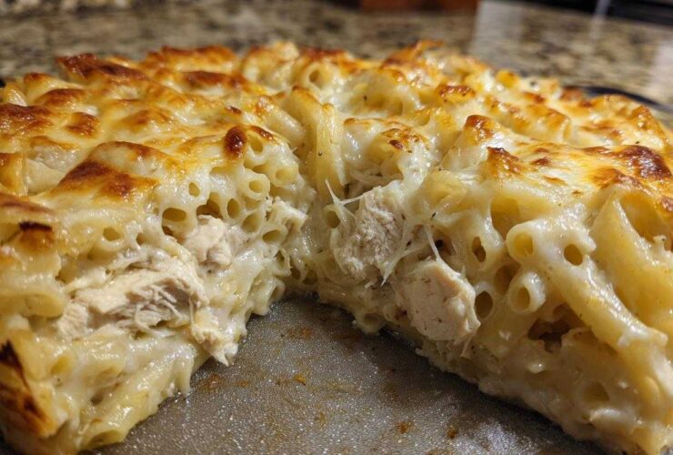 A cross-section slice of Cheesy Chicken Alfredo Bake showing tender chicken chunks mixed with pasta in a creamy sauce, topped with melted, bubbly cheese.