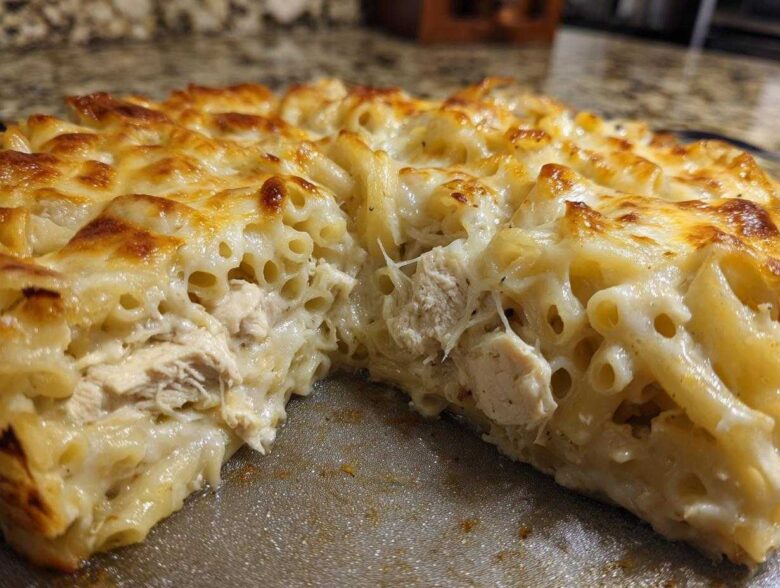 A cross-section slice of Cheesy Chicken Alfredo Bake showing tender chicken chunks mixed with pasta in a creamy sauce, topped with melted, bubbly cheese.