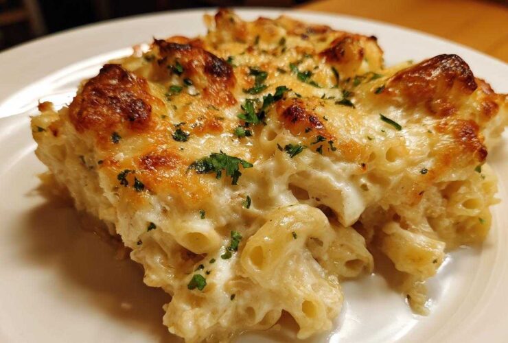 A close-up of a serving of Cheesy Chicken Alfredo Pasta Bake with Mozzarella, showing a golden-brown, bubbly cheese crust.