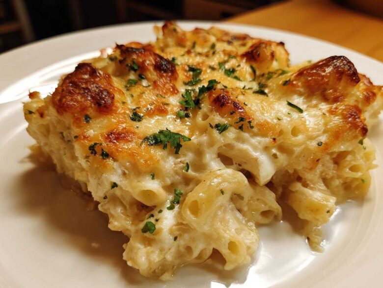 A close-up of a serving of Cheesy Chicken Alfredo Pasta Bake with Mozzarella, showing a golden-brown, bubbly cheese crust.