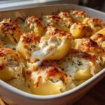 Close-up of baked Cheesy Chicken Alfredo Stuffed Pasta Shells with browned cheese topping and creamy filling.