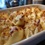 Close-up of baked Cheesy Chicken Alfredo Stuffed Pasta Shells topped with golden-brown melted cheese in a white baking dish.
