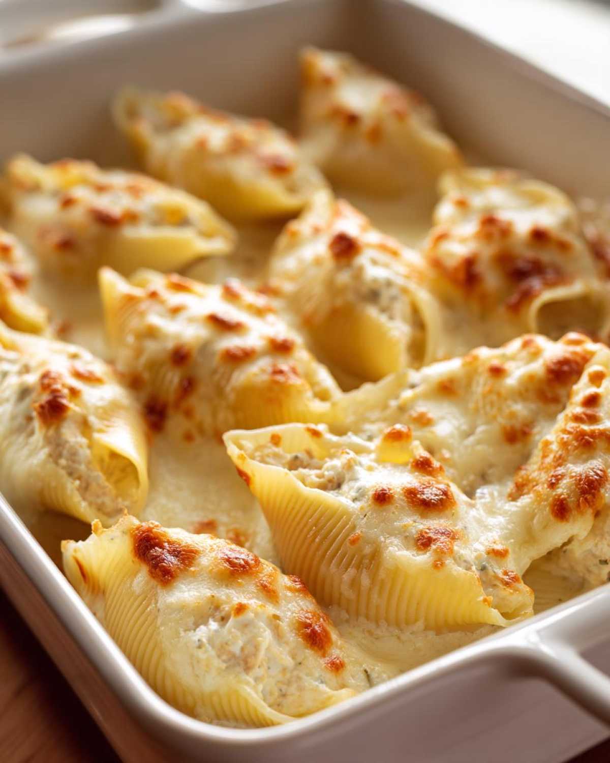 Close-up of baked Cheesy Chicken Alfredo Stuffed Pasta Shells covered in melted, browned cheese in a white baking dish.