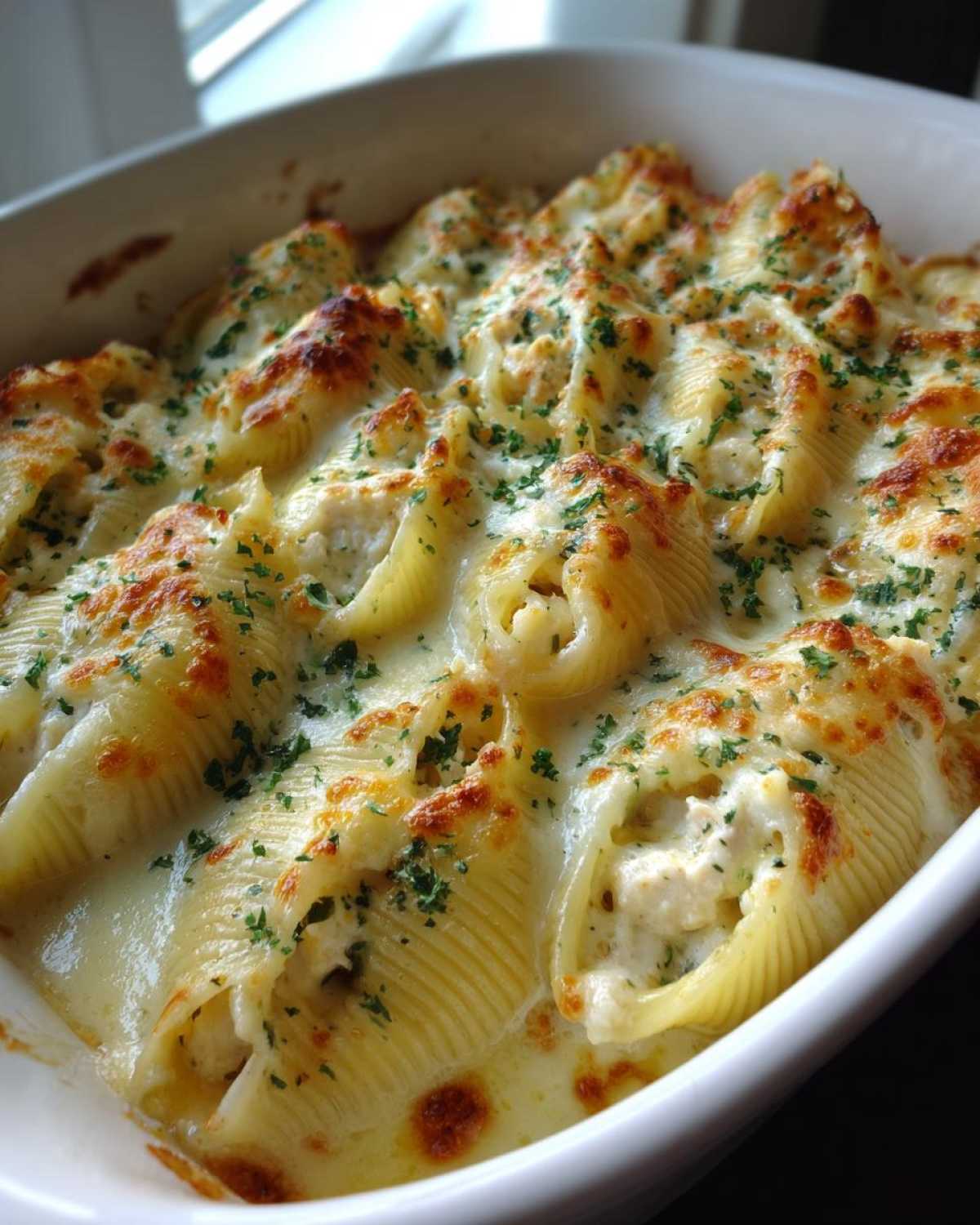 Close-up of baked Cheesy Chicken Alfredo Stuffed Pasta Shells topped with melted, browned cheese and parsley.