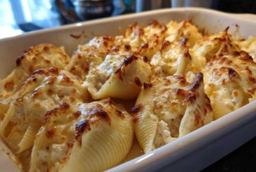 Close-up of baked Cheesy Chicken Alfredo Stuffed Pasta Shells topped with golden-brown melted cheese in a white baking dish.