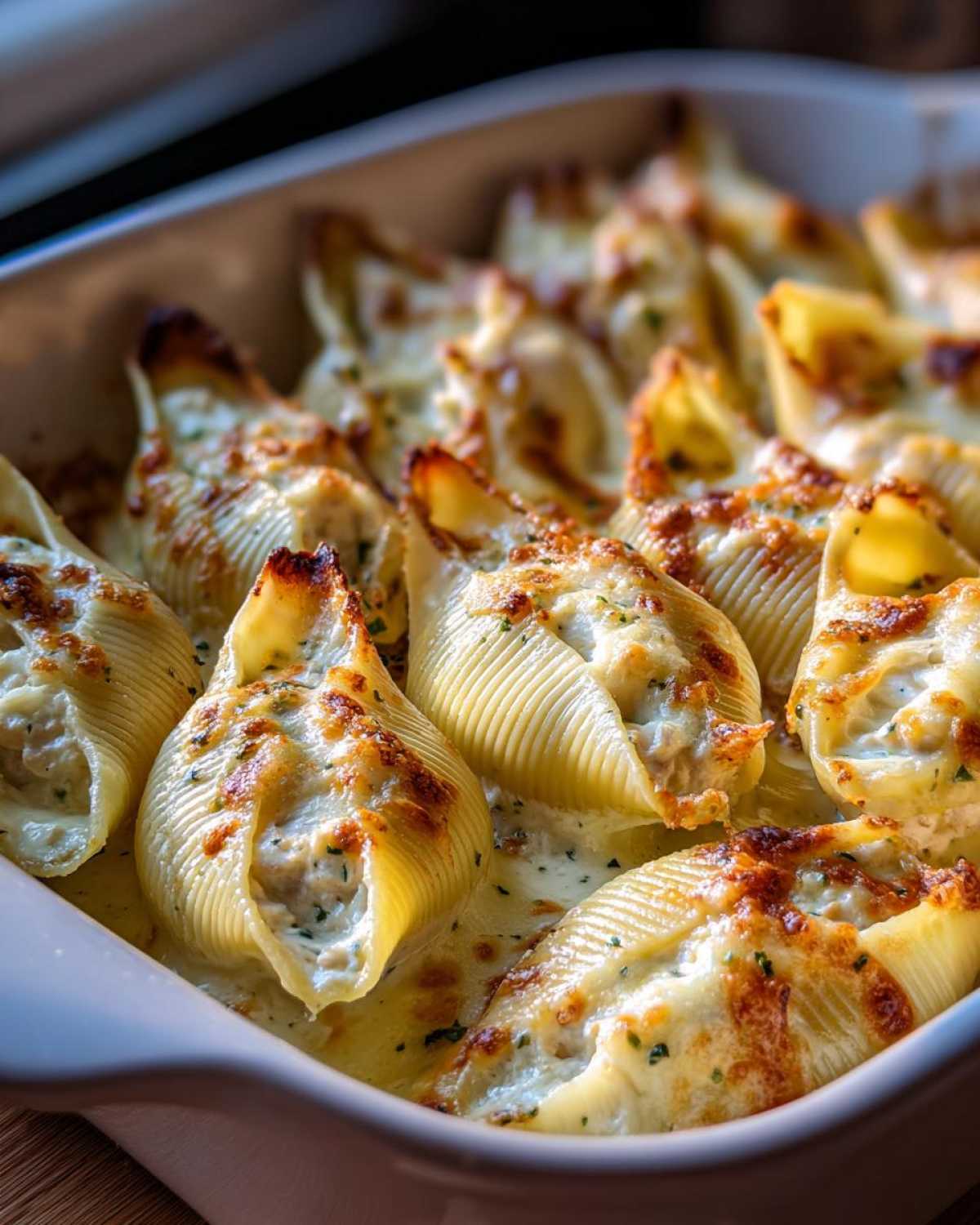 Close-up of baked Cheesy Chicken Alfredo Stuffed Pasta Shells bubbling with creamy sauce and browned cheese topping.