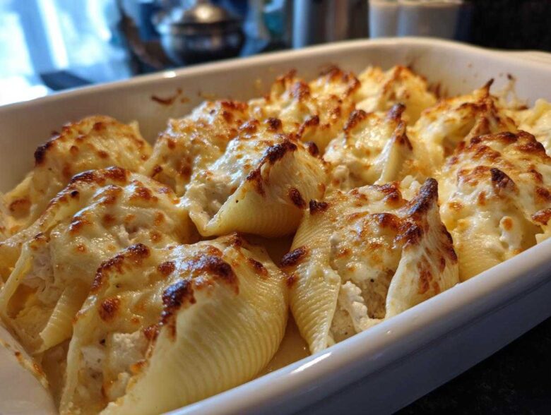 Close-up of baked Cheesy Chicken Alfredo Stuffed Pasta Shells topped with golden-brown melted cheese in a white baking dish.