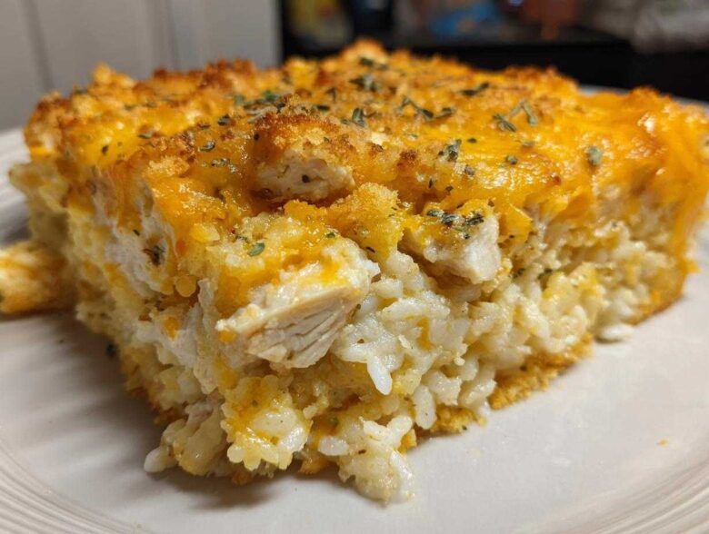 Close-up of a serving of Cheesy Chicken and Rice Bake with Golden Top, showing rice, chicken chunks, and melted cheddar.