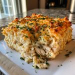 A close-up serving of Cheesy Chicken and Rice Bake with Golden Top, showing shredded chicken mixed with creamy rice and a crispy, cheesy crust.