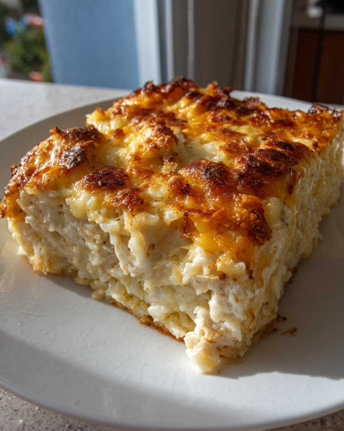 A generous slice of Cheesy Chicken and Rice Bake with Golden Top showing creamy rice and chicken texture.