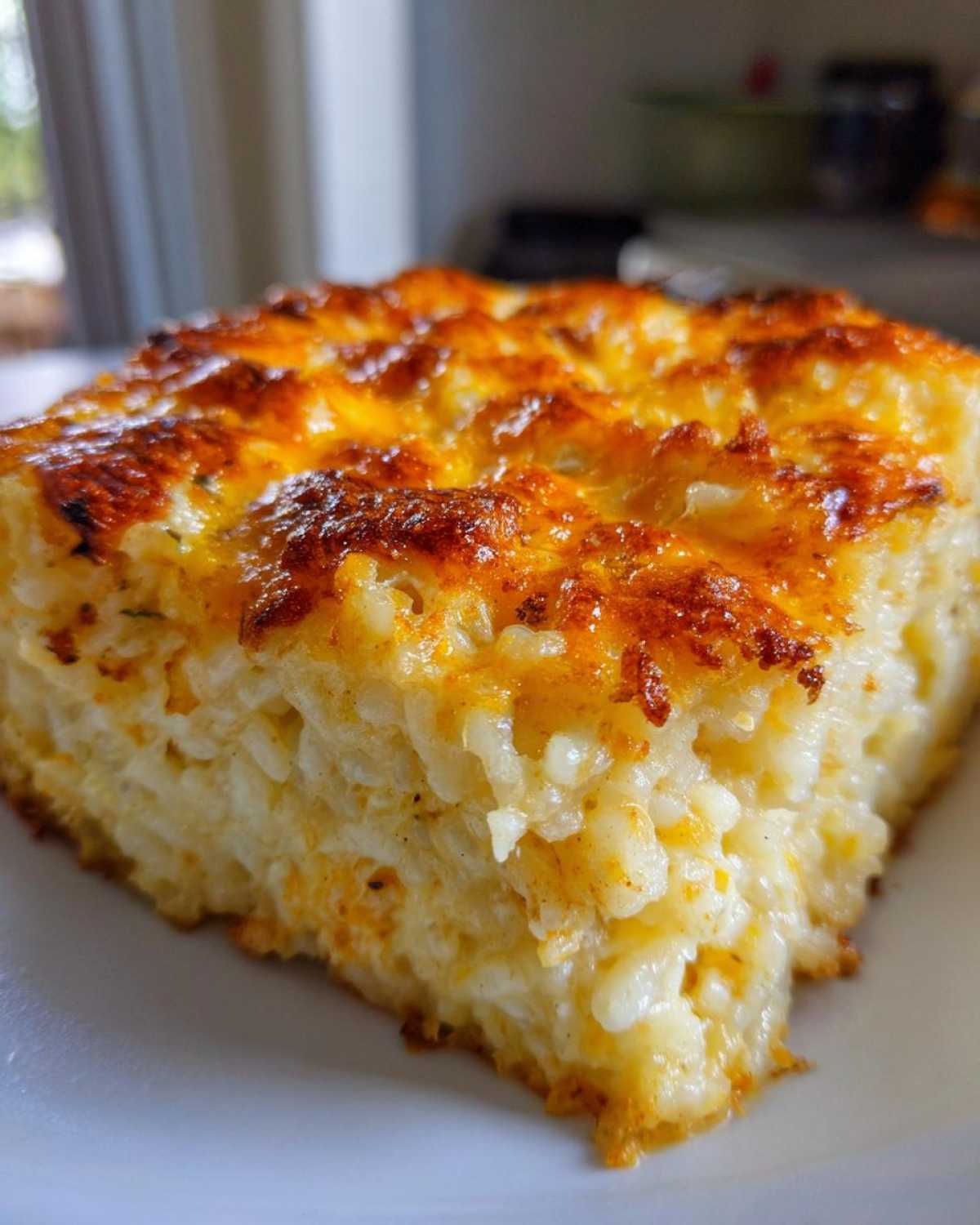 Close-up of a square slice of Cheesy Chicken and Rice Bake with a perfectly golden, bubbly cheese crust.