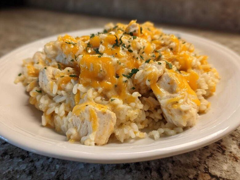 Close-up of a serving of Cheesy Chicken and Rice Skillet with melted cheddar cheese and parsley garnish.