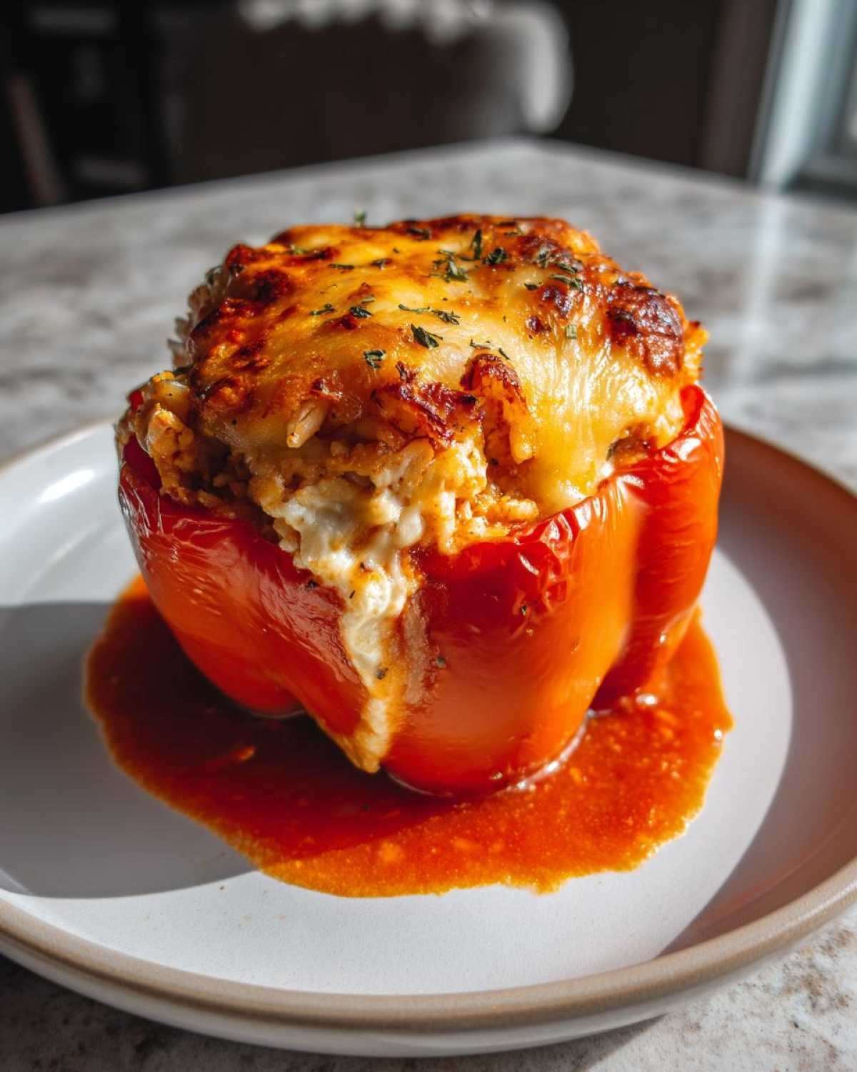 A single, bright red Cheesy Chicken and Rice Stuffed Pepper topped with melted, browned cheese.