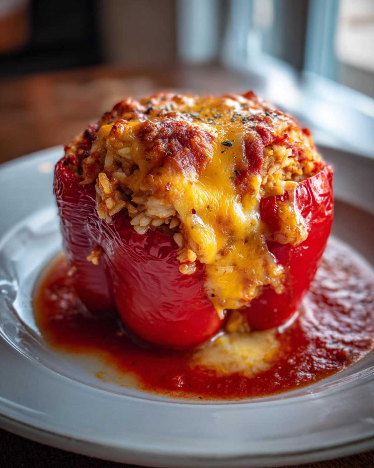 A single, bright red stuffed bell pepper topped with melted cheese and sauce, showcasing the Cheesy Chicken and Rice Stuffed Peppers filling.
