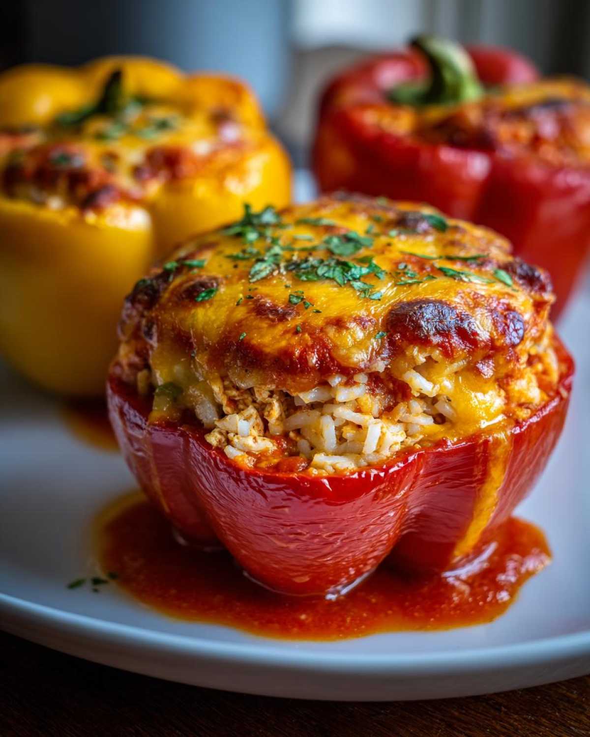 A close-up of a baked red Cheesy Chicken and Rice Stuffed Pepper topped with melted, browned cheese and parsley.