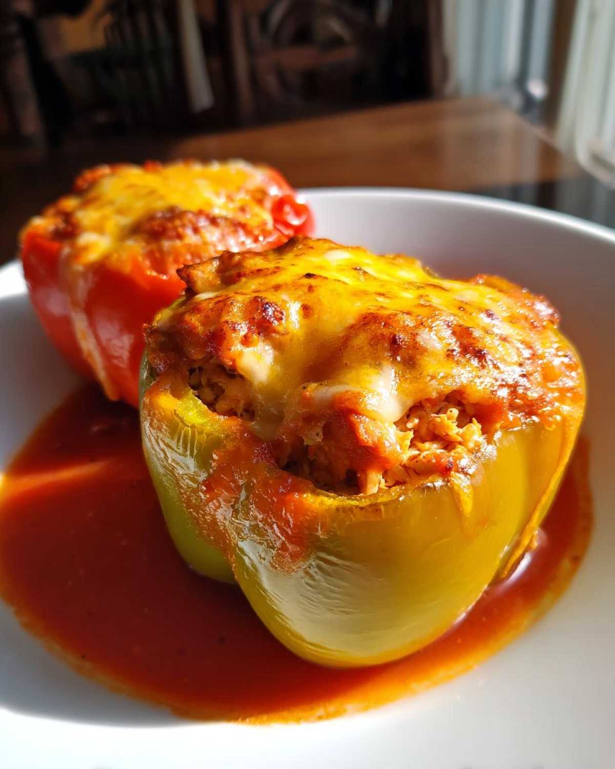 Two baked Cheesy Chicken and Rice Stuffed Peppers, one green and one red, served in a bowl with tomato sauce.