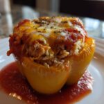 A single, bright yellow Cheesy Chicken and Rice Stuffed Pepper topped with melted cheese and sauce on a white plate.