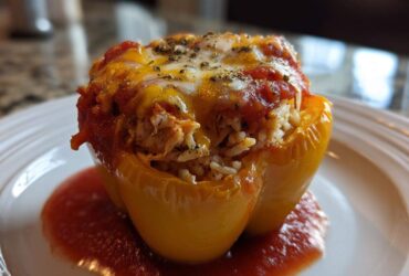 A single, bright yellow Cheesy Chicken and Rice Stuffed Pepper topped with melted cheese and sauce on a white plate.