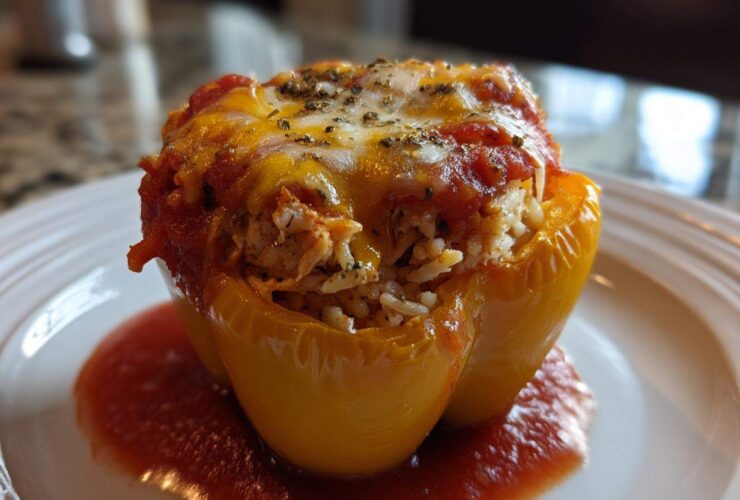 A single, bright yellow Cheesy Chicken and Rice Stuffed Pepper topped with melted cheese and sauce on a white plate.