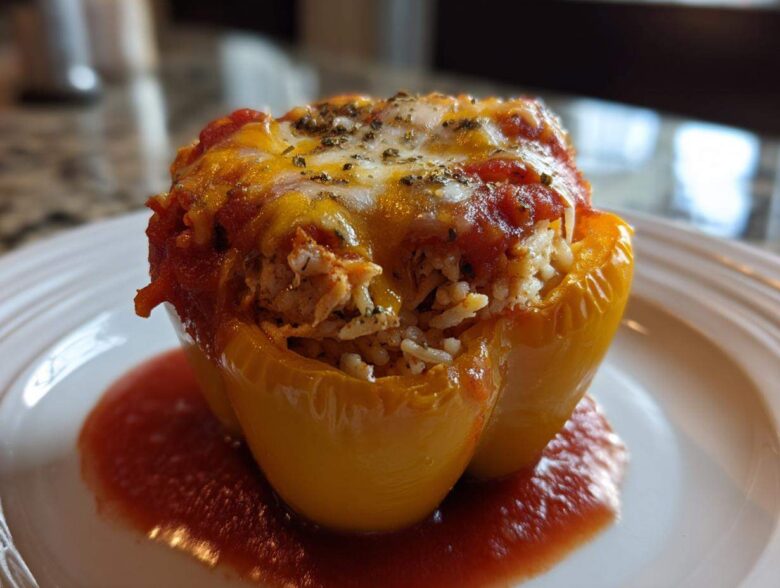 A single, bright yellow Cheesy Chicken and Rice Stuffed Pepper topped with melted cheese and sauce on a white plate.
