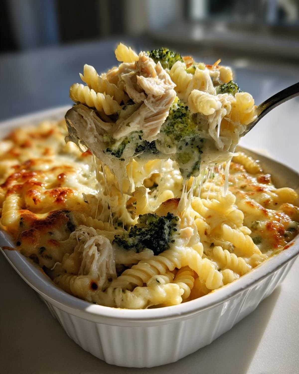 A spoonful of Cheesy Chicken and Broccoli Pasta Bake showing extreme cheese pull, mixed with rotini pasta and chicken chunks.