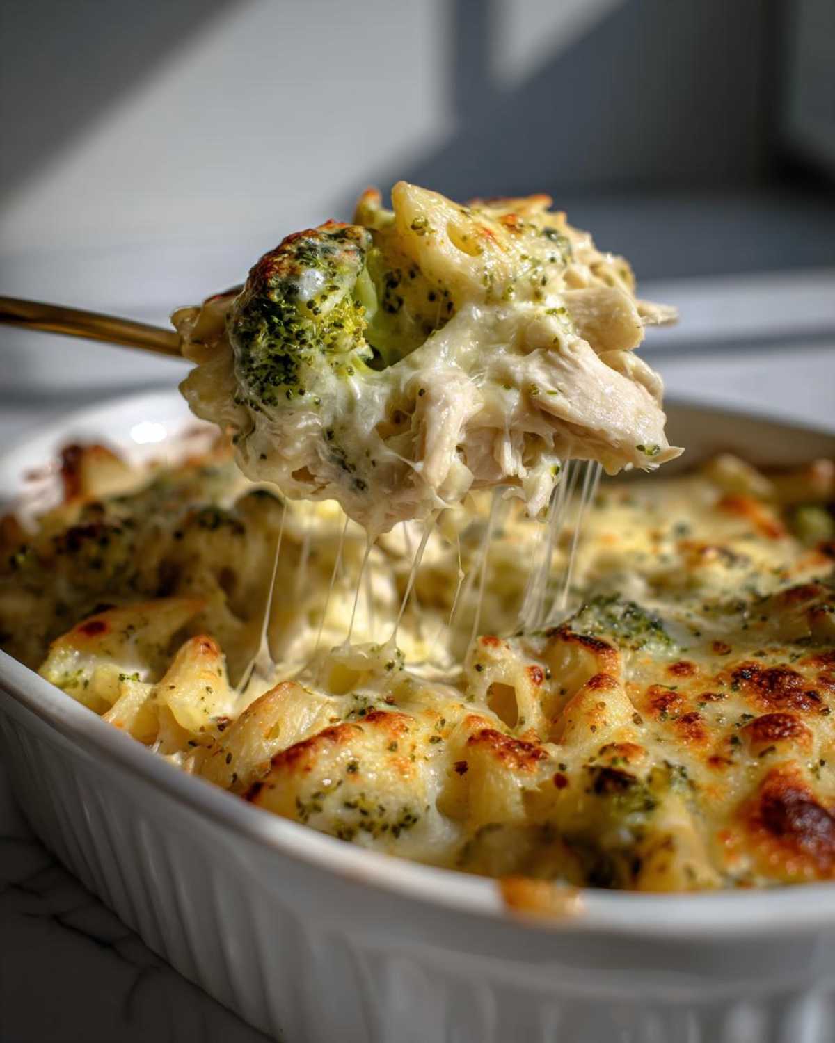 A spoonful of Cheesy Chicken and Broccoli Pasta Bake showing a dramatic cheese pull, rich with melted cheese, chicken, and broccoli florets.
