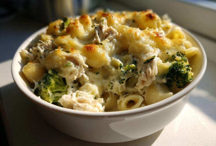 A close-up of a serving of Cheesy Chicken and Broccoli Pasta Bake topped with melted, golden-brown cheese.
