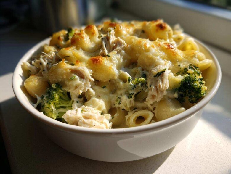A close-up of a serving of Cheesy Chicken and Broccoli Pasta Bake topped with melted, golden-brown cheese.